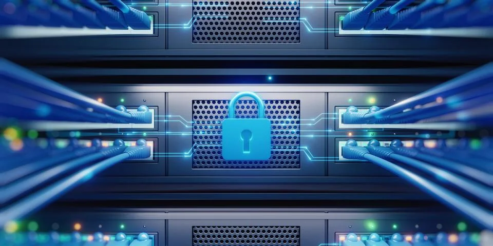 Cybersecurity Lock Protecting Server Rack and Network Data Stock Illustration