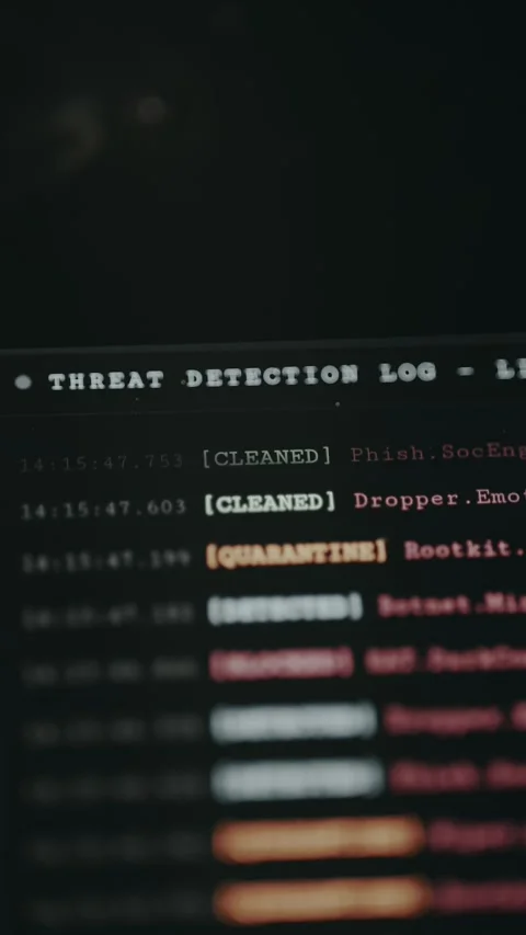 Cybersecurity log recording various threats detected on a system Stock Footage 332048780