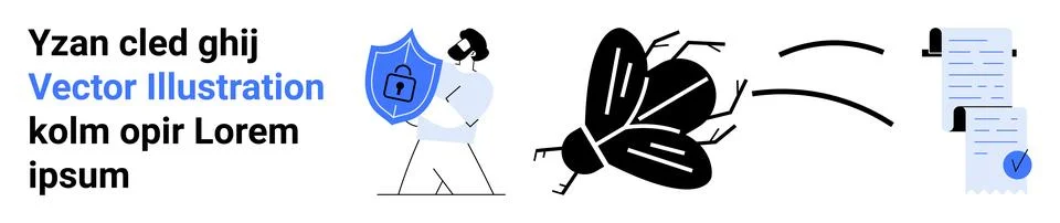 Cybersecurity Man with Shield, Bug, and Flying Documents in Clean Vector Desi Stockillustratie