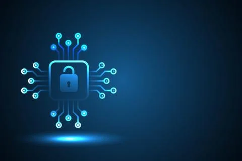 Cybersecurity Microchip with Secure Lock and Digital Data Protection Network Illustrazione stock