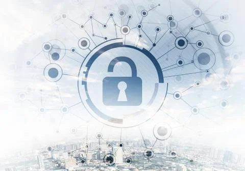 Cybersecurity mixed media with virtual padlock Stock Photos