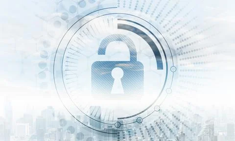 Cybersecurity mixed media with virtual padlock Stock Photos