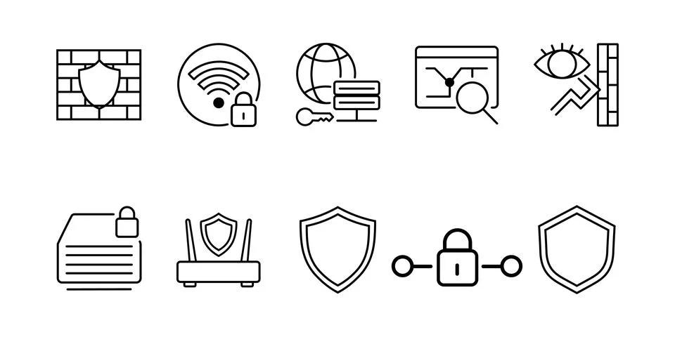 Cybersecurity Network Protection and Data Privacy Line Icon Set Stock Illustration