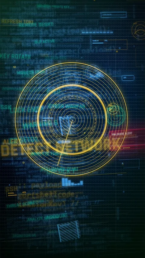 Cybersecurity Network Scanning HUD with Malware Alert Animation Stock Footage 335565354