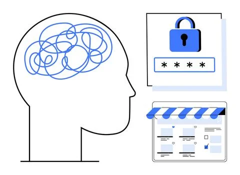 Cybersecurity, online privacy, digital security, mental processing, e-commerc 스톡 일러스트