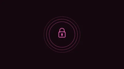 Cybersecurity padlock line icon with rotating concentric rings, pink neon style Stock-Footage 342595323