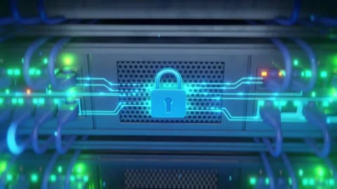 Cybersecurity Padlock Server Network Security Blue Green Glowing Circuit 3D Stock Footage 336117499