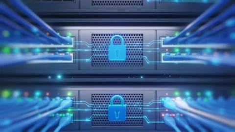 Cybersecurity Padlock Server Rack Network Security Data Center Protection 3D 库存影片 336117512