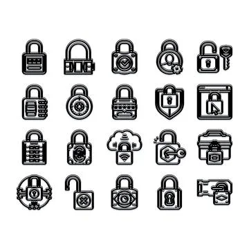 Cybersecurity padlocks data protection access icons イラスト素材