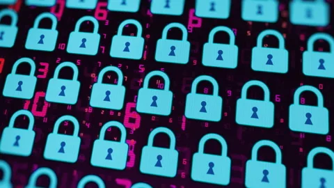 Cybersecurity padlocks in virtual space, animated background. Tech protection Stock Footage 251902706