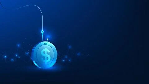 Cybersecurity Phishing Attack Concept with Coin and Fishing Hook, Online Fi.. Stockillustratie