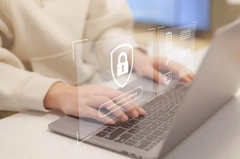 Cybersecurity privacy and data protection concept, Woman using computer. Stock Photos