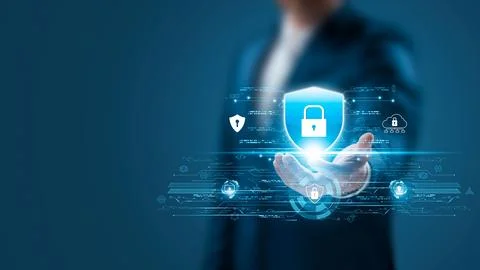 Cybersecurity Privacy data protection concept, businessman holding key protect b Stock Photos