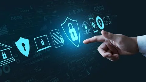 Cybersecurity Privacy data protection concept, businessman touching padlock.. Stock Photos