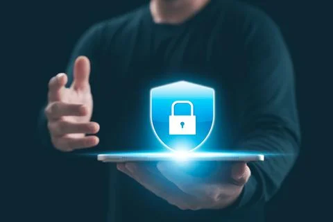 Cybersecurity Privacy data protection concept, businessman holding key prot.. Stock Photos