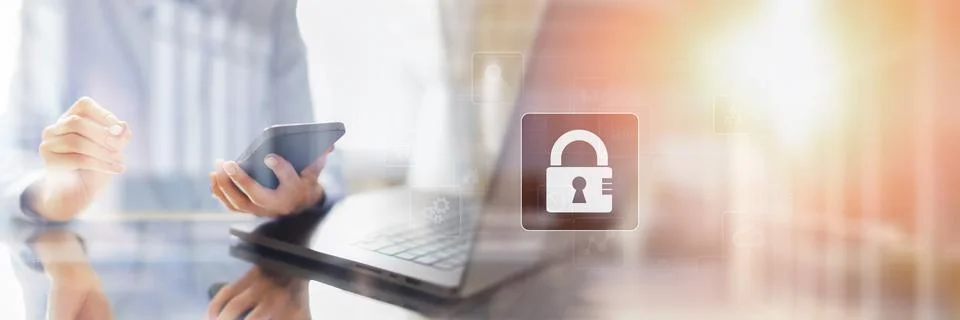 Cybersecurity Protecting Digital Assets with Security Protocols on a Wide Ban Stock Photos
