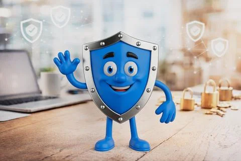 Cybersecurity Protection And Data Safety Concept. Friendly Shield Mascot Wa.. Stock Illustration