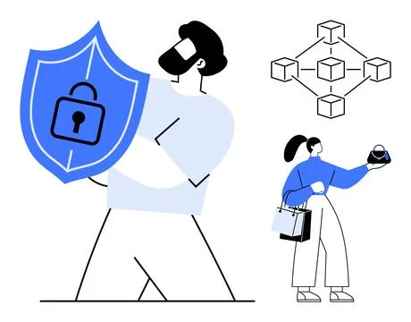 Cybersecurity protection with shield, blockchain network and digital commer.. Illustrazione stock