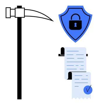 Cybersecurity Protection Shield, Document Verification, and Scythe Symbol Illustrazione stock