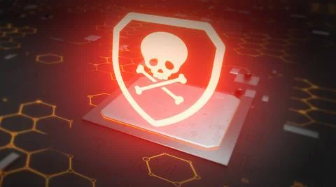 Cybersecurity red skull circuit board hacked electronics 3D Rendering Stock Illustration