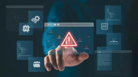 Cybersecurity risk with system warning alert shows virtual interface, malwa.. 写真素材