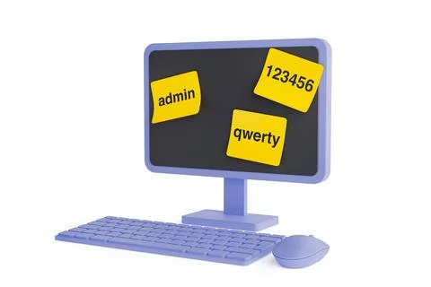 Cybersecurity Risk From Weak Passwords. Computer Monitor With Sticky Notes .. Stock Illustration