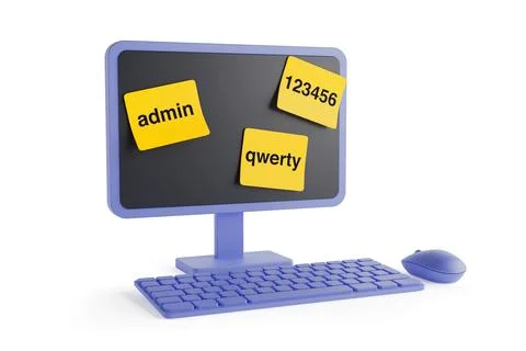 Cybersecurity Risk From Weak Passwords. Computer Monitor With Sticky Notes .. Stock Illustration