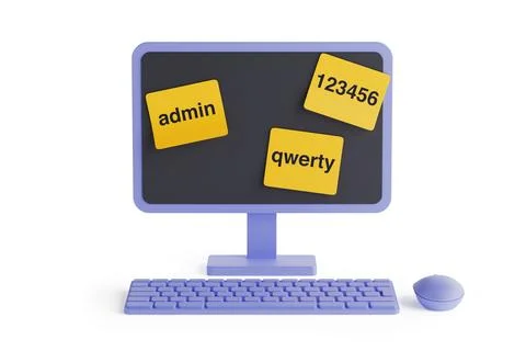 Cybersecurity Risk From Weak Passwords. Computer Monitor With Sticky Notes .. Stock Illustration