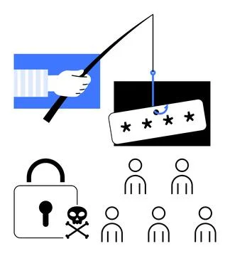Cybersecurity Risks Phishing, Password Safety, and Protection Against Hacks.. Stock Illustration