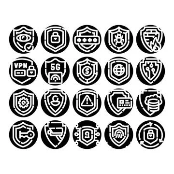 Cybersecurity safeguard shield icons for data protection Stock Illustration