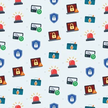 Cybersecurity seamless pattern with padlock shields, red alarm sirens, laptops Stock Illustration