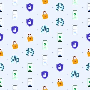 Cybersecurity seamless pattern with shield, padlock, fingerprint and smartphone Stock Illustration