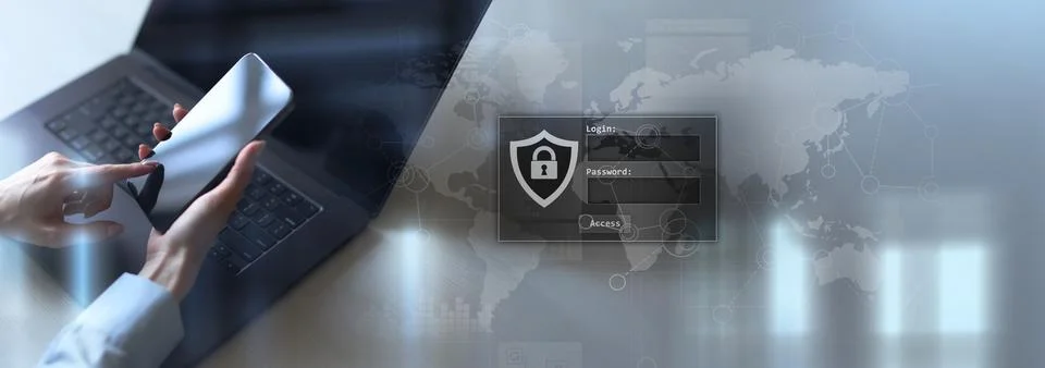 Cybersecurity Secure Login and Access Management on a Wide Banner, Business a Stock Photos