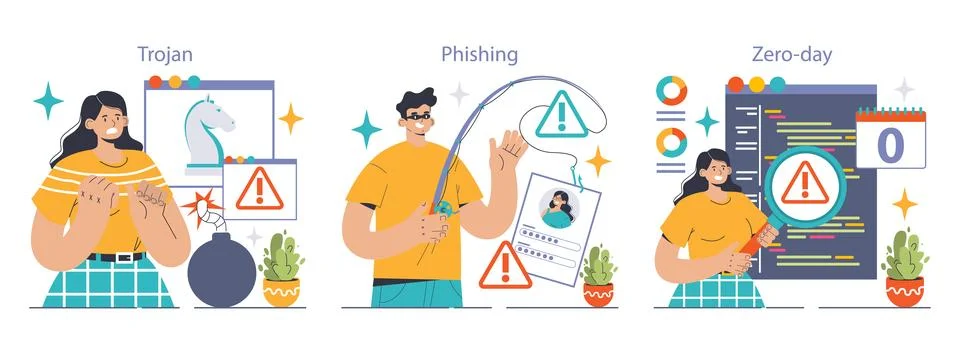 Cybersecurity set. Protecting data from threats. Users confronting various Illustrazione stock