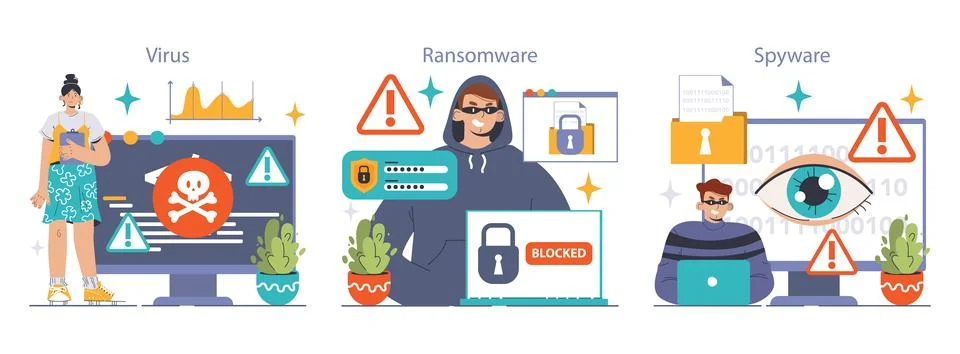 Cybersecurity set. Protecting data from threats. Users confronting various Illustrazione stock