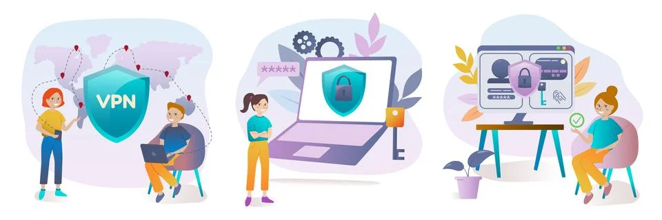 Cybersecurity set. Strength password, virtual private network, personal data  Illustrazione stock