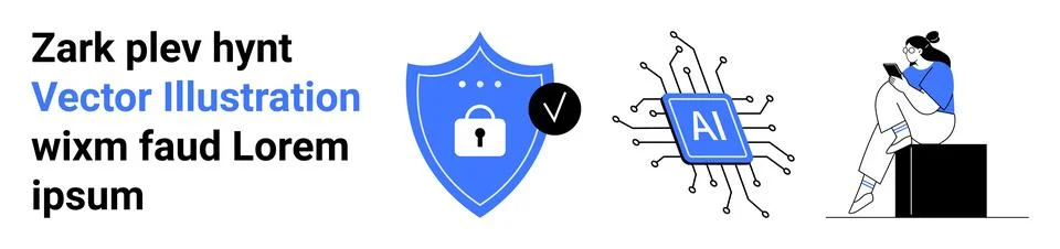 Cybersecurity Shield AI Integration Concept with Lock Icon and Person Reading Stock Illustration