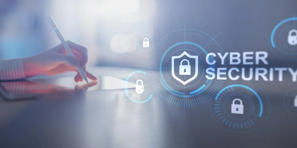 Cybersecurity Shield and Digital Lock Protection Illustrated on Virtual Inter Foto stock