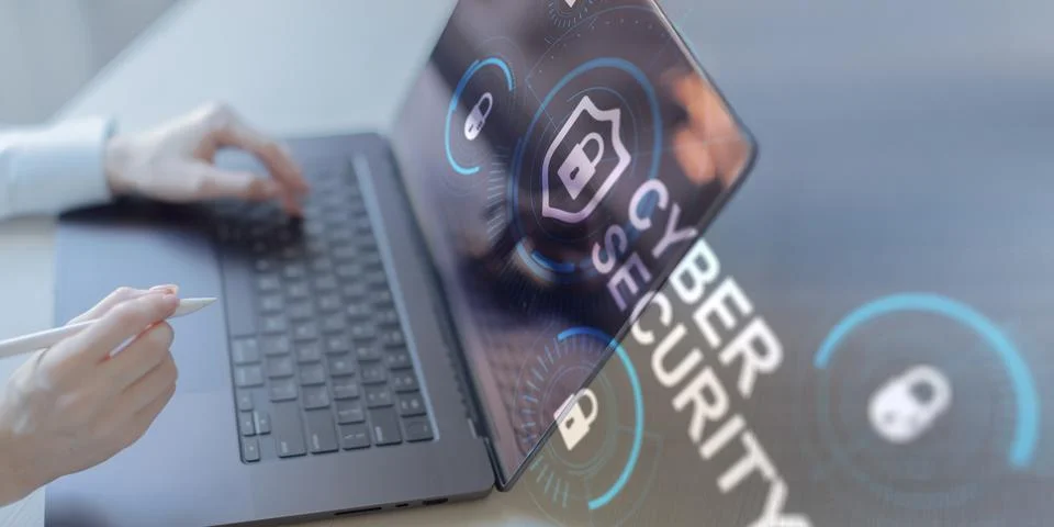 Cybersecurity Shield and Digital Lock Protection Illustrated on Virtual Inter Stock Photos