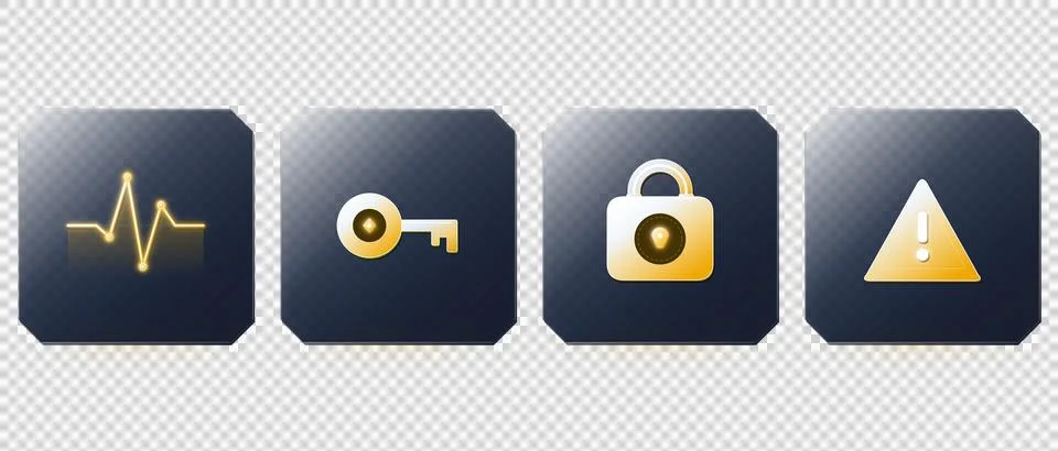 Cybersecurity Shield and Lock Icons Set with Glassmorphic 3D. Stock Illustration