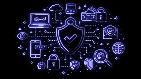 Cybersecurity shield and network with glowing blue neon light path effect Stock Footage 327107451