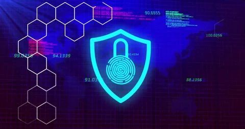 Cybersecurity shield is being shown in flat design grid interface, with Stock Illustration