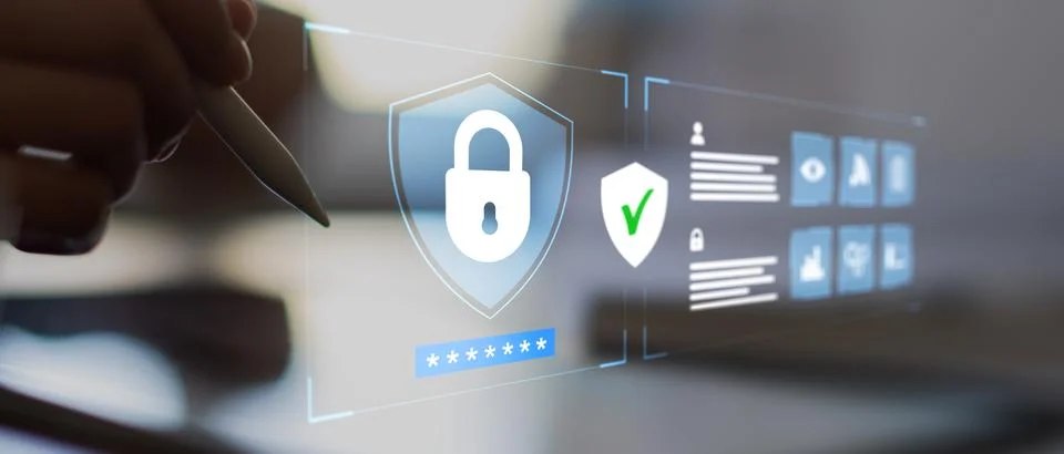 Cybersecurity Shield with Biometric Authentication and Data Protection System Stock Photos