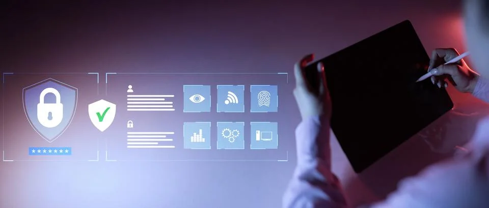 Cybersecurity Shield with Biometric Authentication and Data Protection System 스톡 사진