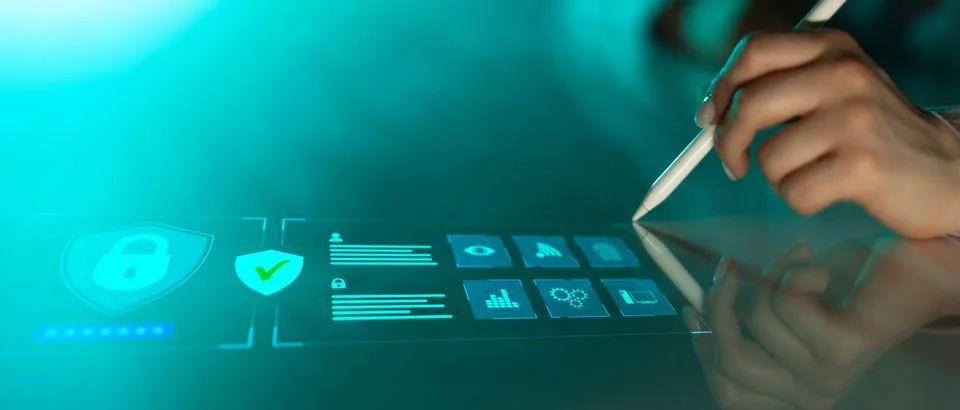 Cybersecurity Shield with Biometric Authentication and Data Protection System 스톡 사진