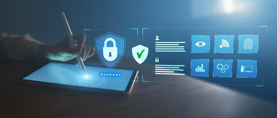 Cybersecurity Shield with Biometric Authentication and Data Protection System 스톡 사진