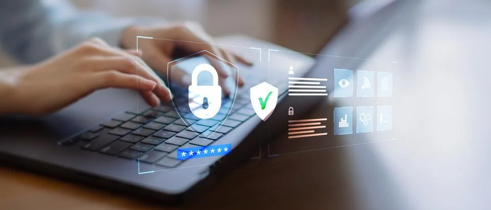 Cybersecurity Shield with Biometric Authentication and Data Protection System Fotos Stock
