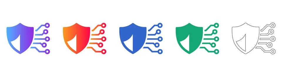 Cybersecurity Shield Circuit Icon Set Stock Illustration
