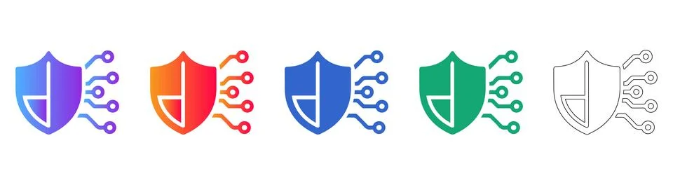 Cybersecurity Shield Circuit Icon Set Stock Illustration