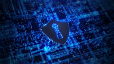 Cybersecurity shield on digital circuit board, Digital data network protect. Stock Footage 276345969
